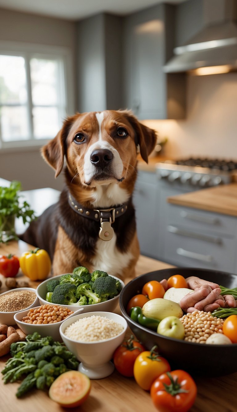 A variety of dog-friendly ingredients, such as lean meats, vegetables, and grains, are laid out on a clean kitchen counter. A dog bowl and measuring cups are nearby