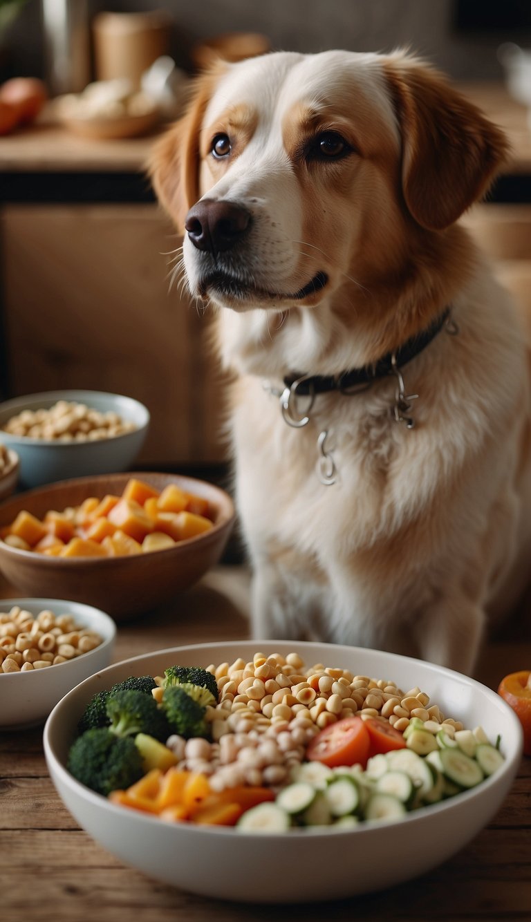 A dog eagerly eats from a bowl filled with nutritious food, surrounded by various food types and healthy recipes