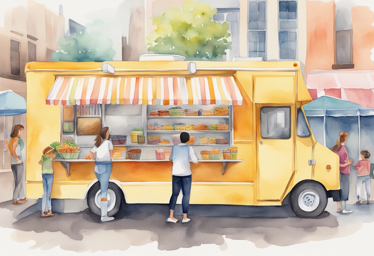 A colorful food truck with a line of customers, a menu board with creative names, and delicious dishes being served
