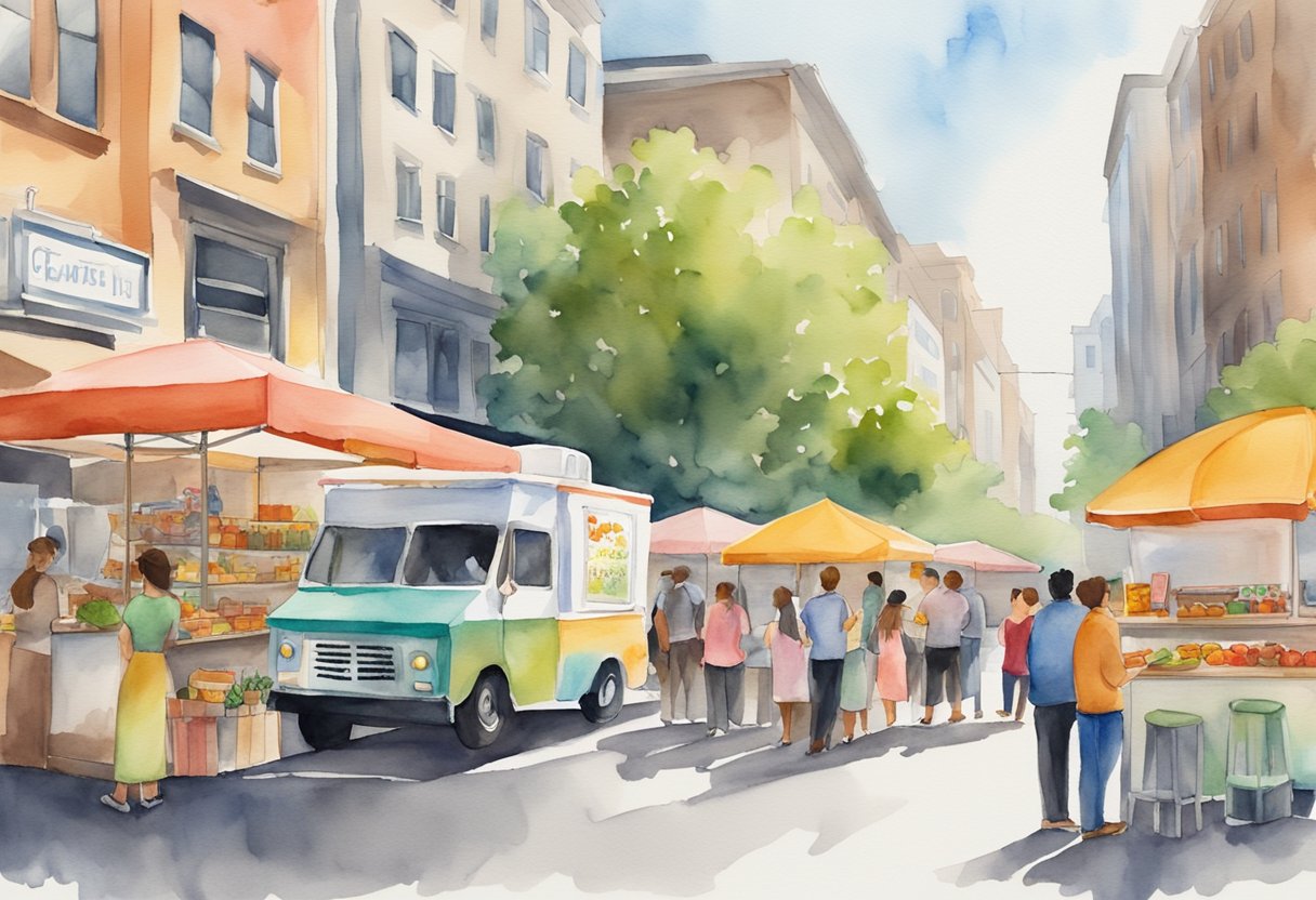 A colorful food truck surrounded by a bustling street scene with people lined up, a chef cooking, and a sign with various creative name ideas displayed