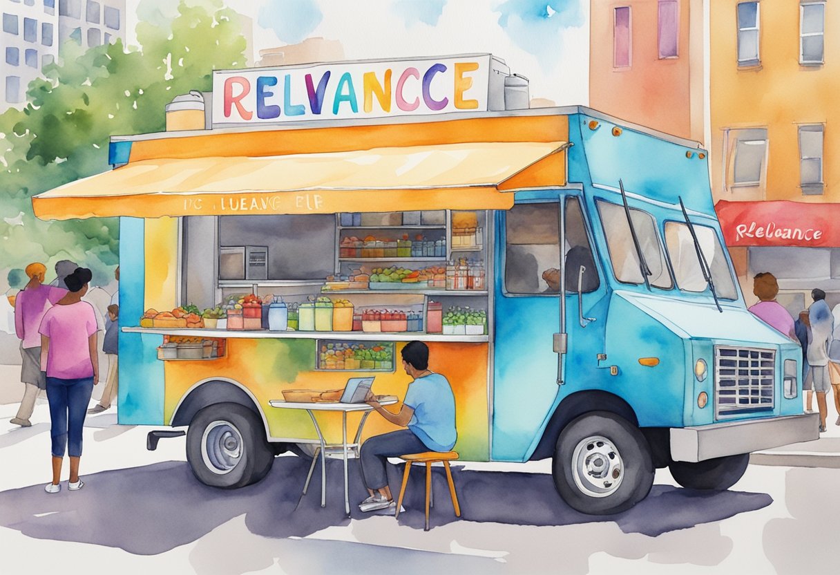 A colorful food truck with the name "Relevance" in bold letters, surrounded by hungry customers and a vibrant city backdrop