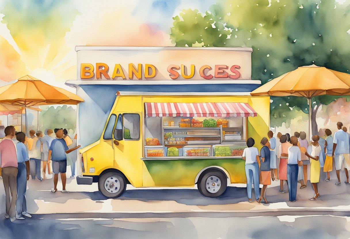 A bustling food truck with a colorful sign reading "Ensuring Brand Success" surrounded by eager customers. The aroma of delicious food fills the air as the sun sets in the background