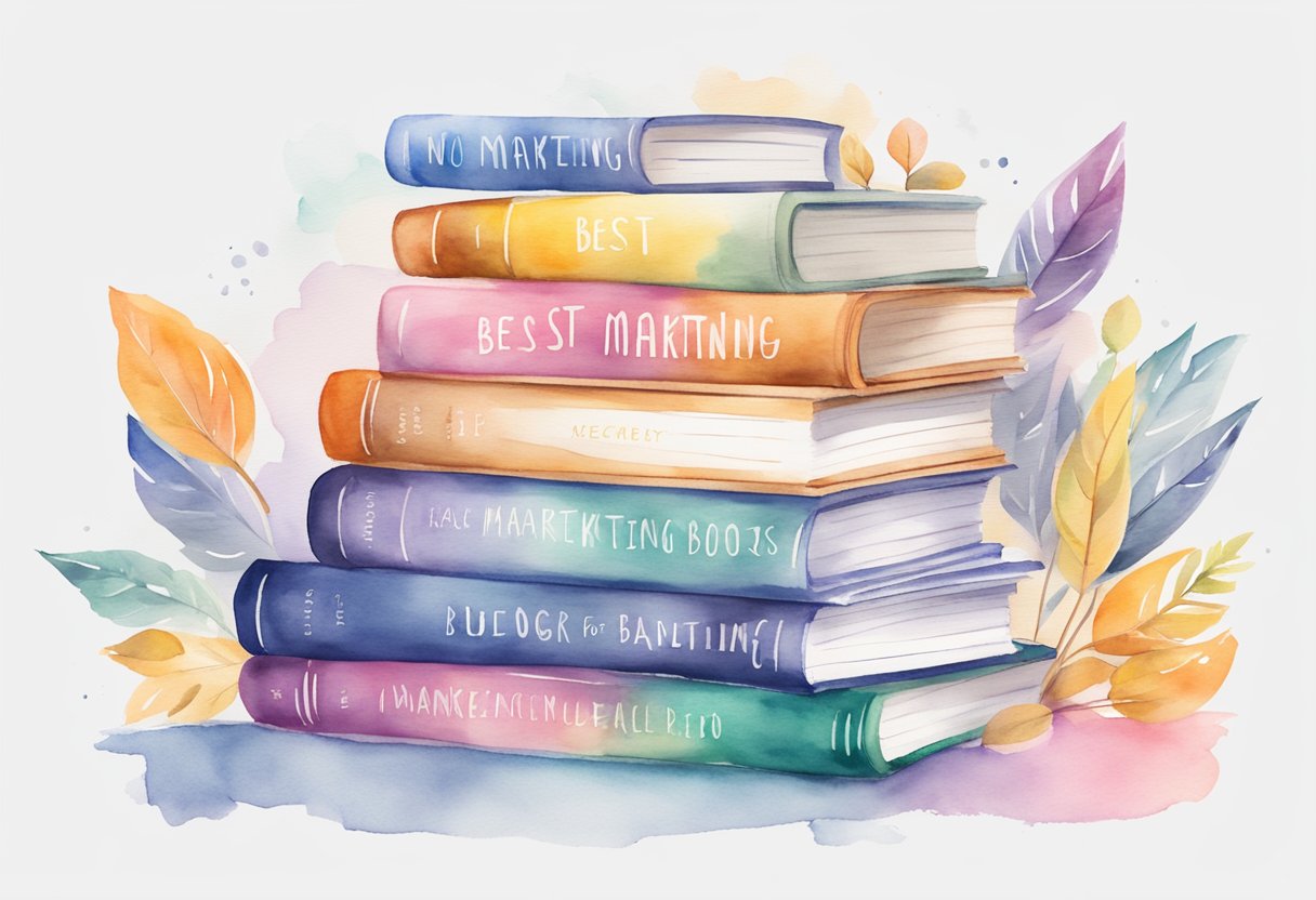 A stack of colorful books with "best marketing books for beginners" written on the covers, surrounded by marketing materials and a laptop