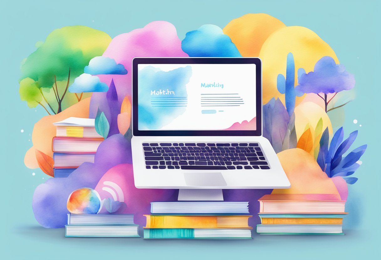 A colorful landscape with various digital marketing books arranged on a vibrant backdrop, showcasing titles and images related to beginner marketing strategies