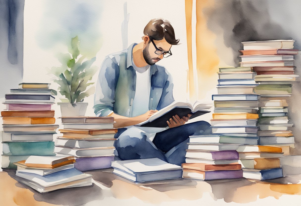 A person reading a stack of marketing books, surrounded by notebooks and pens, with a determined expression