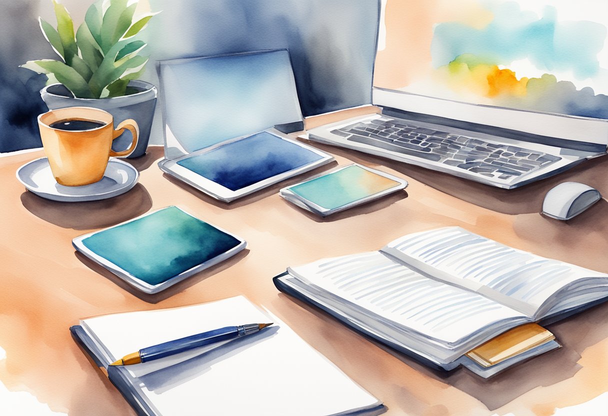 A modern, sleek office setting with a computer, tablet, and smartphone on a desk. A stack of beginner marketing books sits next to a cup of coffee