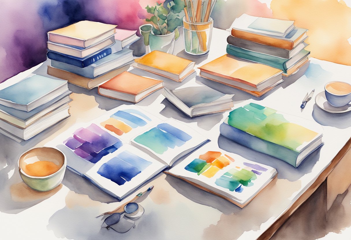 A table with various marketing books and resources displayed, including titles for beginners