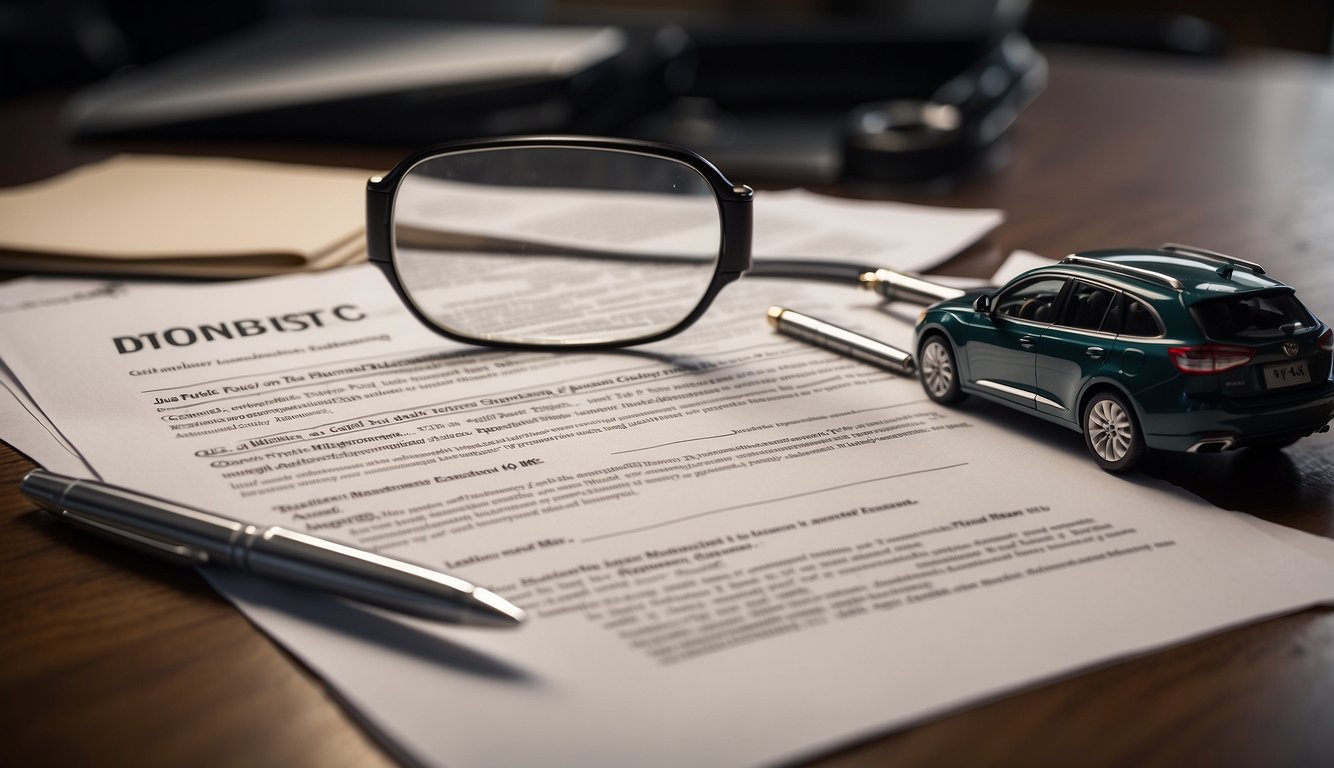 A table with a stack of papers, a pen, and a Texas car title. A magnifying glass hovers over the contract, emphasizing the need for close examination