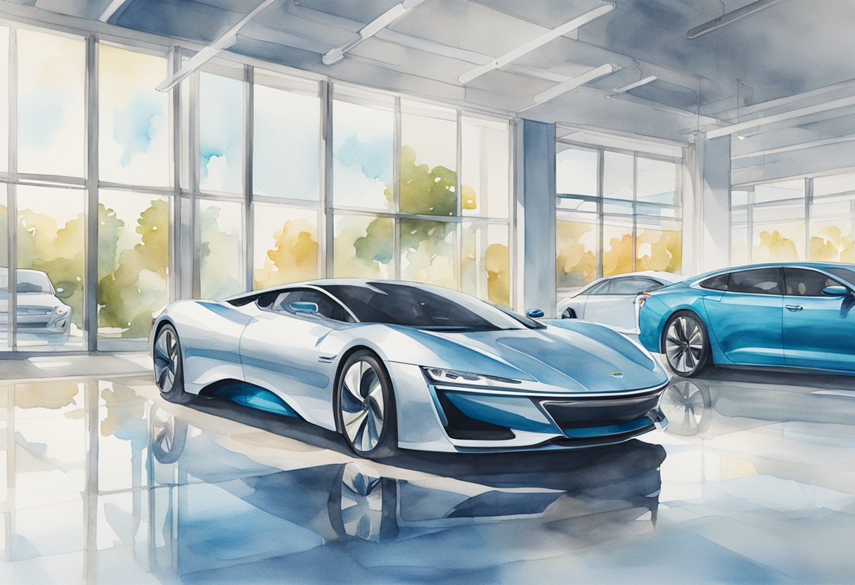 A sleek, modern car sits on a clean, well-lit showroom floor with the Carvana logo prominently displayed in the background