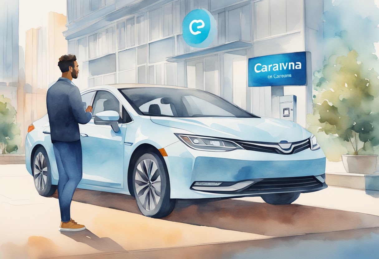 A customer selects from various financing and payment options on a digital interface, with Carvana's logo displayed prominently