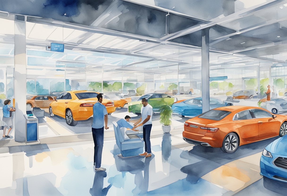 A customer trades in their car at Carvana, receiving a fair offer. The sleek, modern facility is bustling with activity as employees inspect vehicles and assist customers with selling their cars