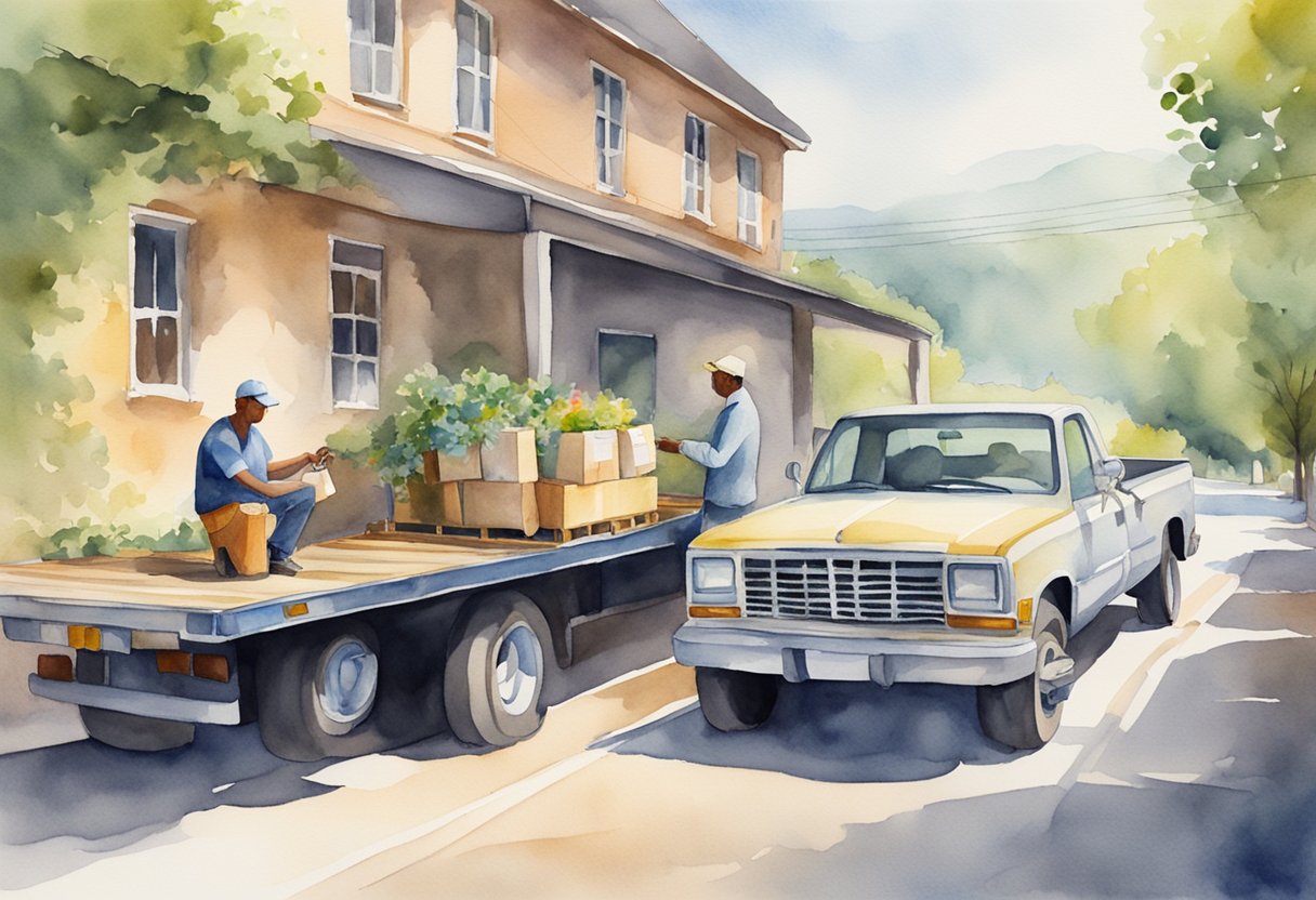 A car sitting on a flatbed truck, with a delivery driver handing over the keys to a customer