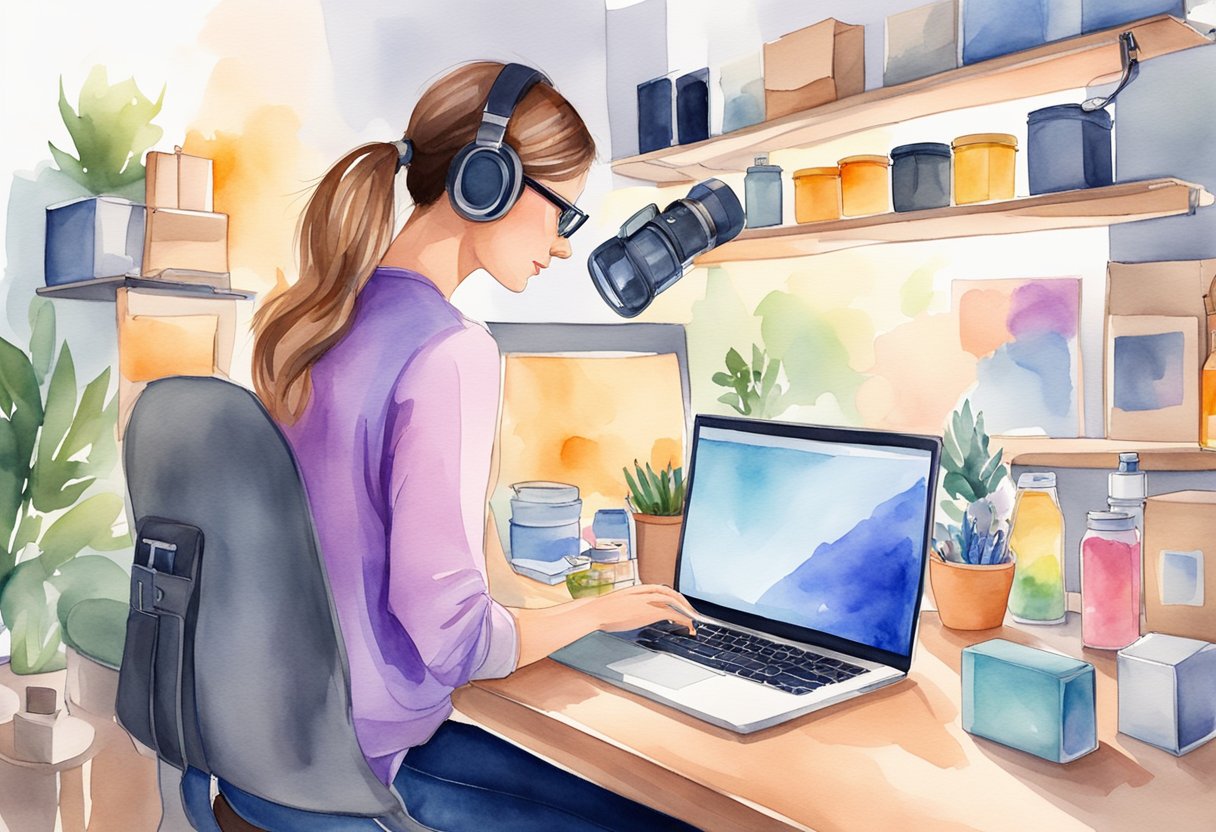 A product review blogger types on a laptop, surrounded by various products and packaging, with a camera and studio lights set up for photography