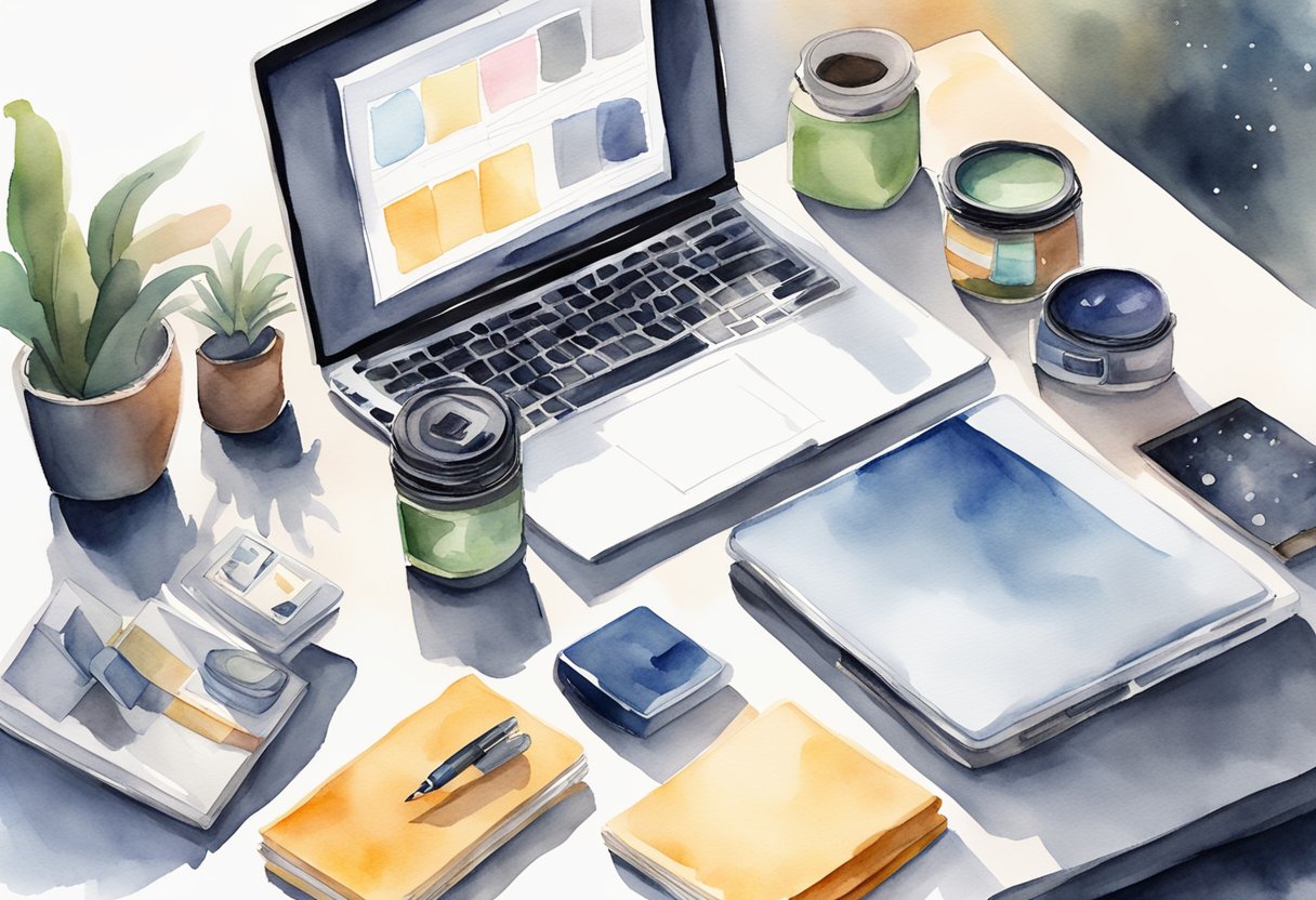 A laptop open on a desk with various product packages and a notepad with handwritten reviews. A camera and lighting setup nearby for photographing products