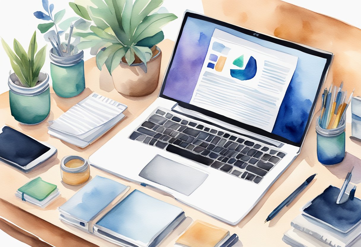 A laptop open on a desk with a blog post on the screen, surrounded by various products and a notepad with a pen