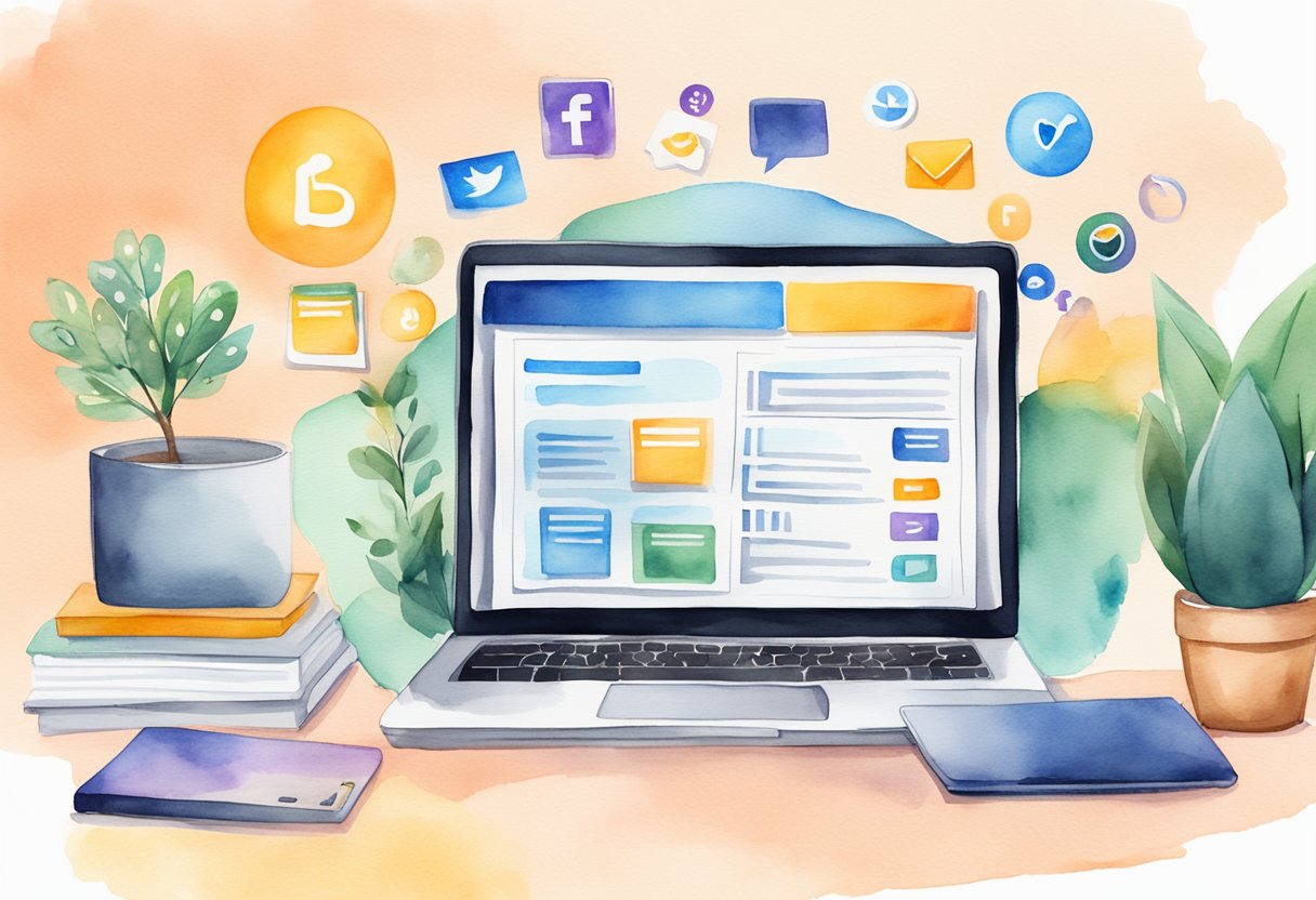 A laptop displaying a "Growing Your Brand" blog with positive product reviews, surrounded by social media icons and a stack of branded merchandise