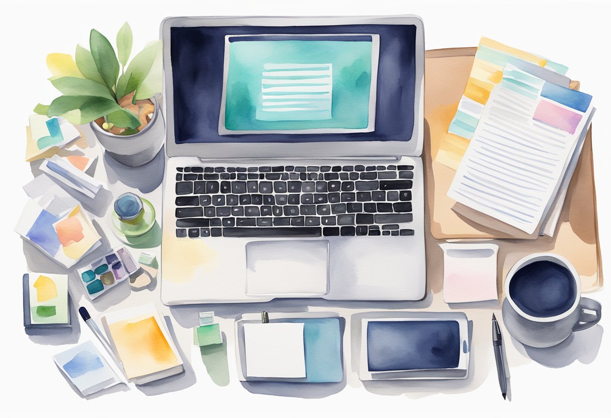 A laptop open on a desk with a notepad and pen, surrounded by various product packages and a stack of printed FAQ sheets