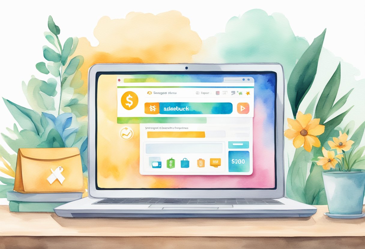 A laptop displaying Swagbucks homepage with a verified badge and positive reviews, surrounded by cashback offers and gift card options