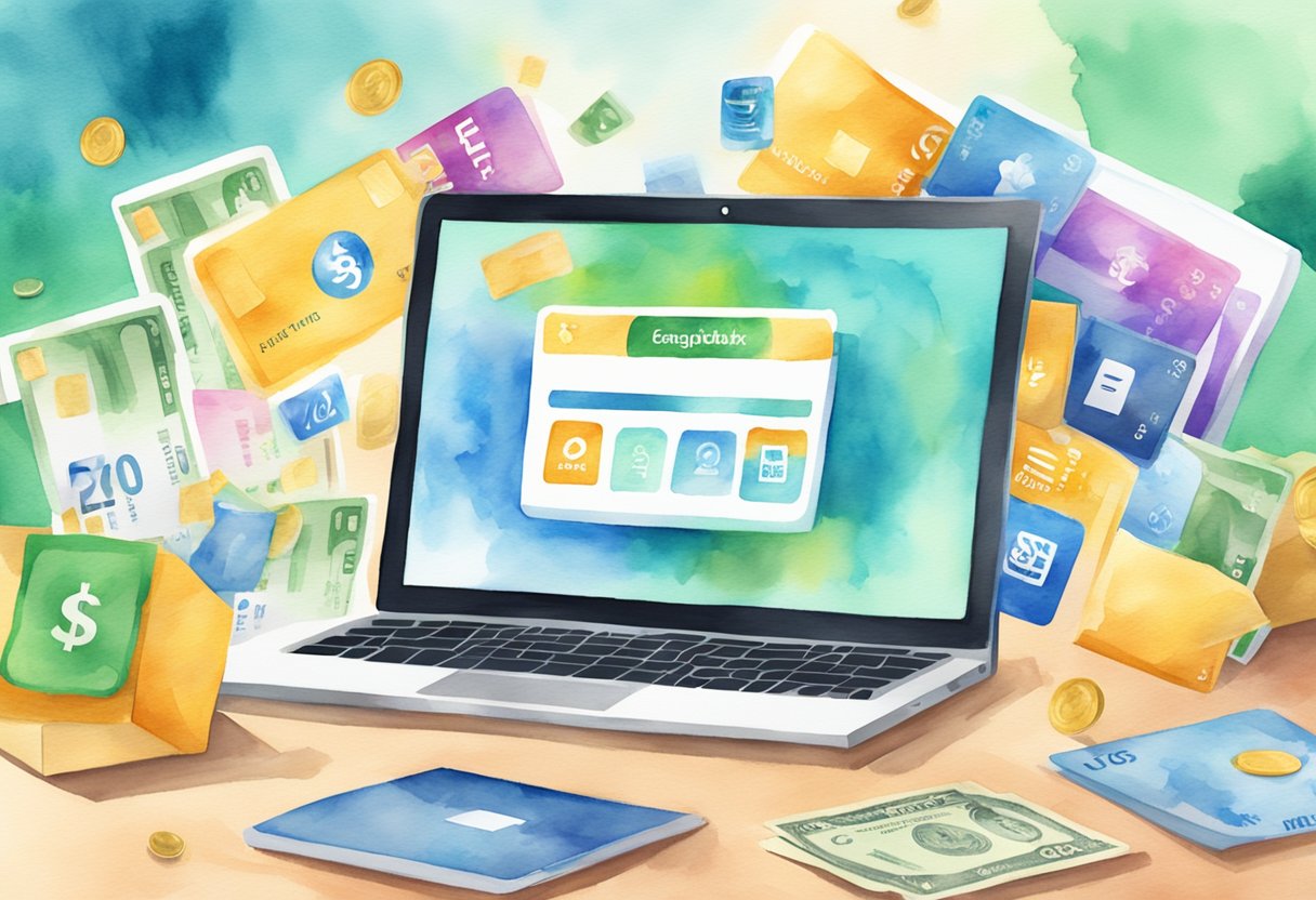 A laptop displaying Swagbucks homepage with a "Earning Money" tab highlighted, surrounded by various gift cards and cash symbols