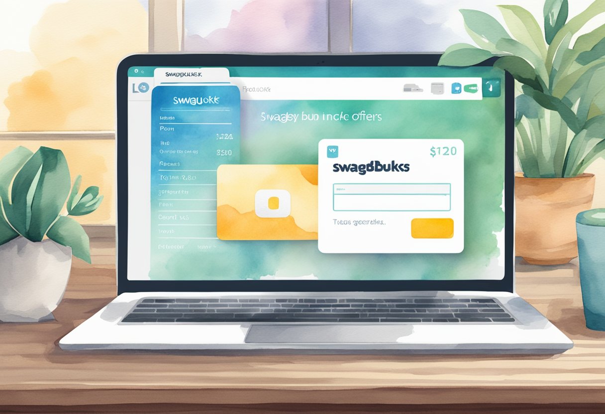 A laptop displaying Swagbucks homepage with a list of tasks and offers, a mobile phone with the Swagbucks app open, and a stack of gift cards on a desk