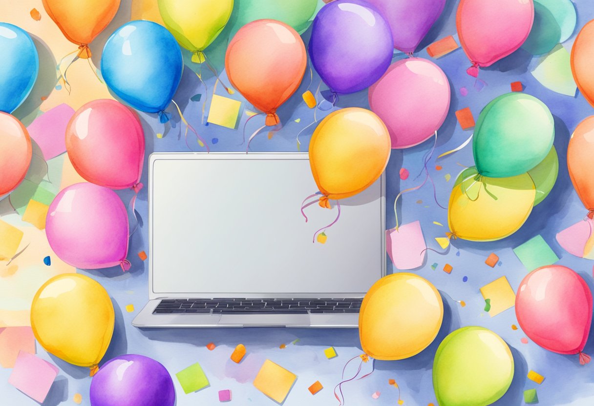 Colorful balloons and confetti surround a table with a variety of catchy business name ideas written on colorful cards. A laptop and notebook sit nearby, ready for brainstorming