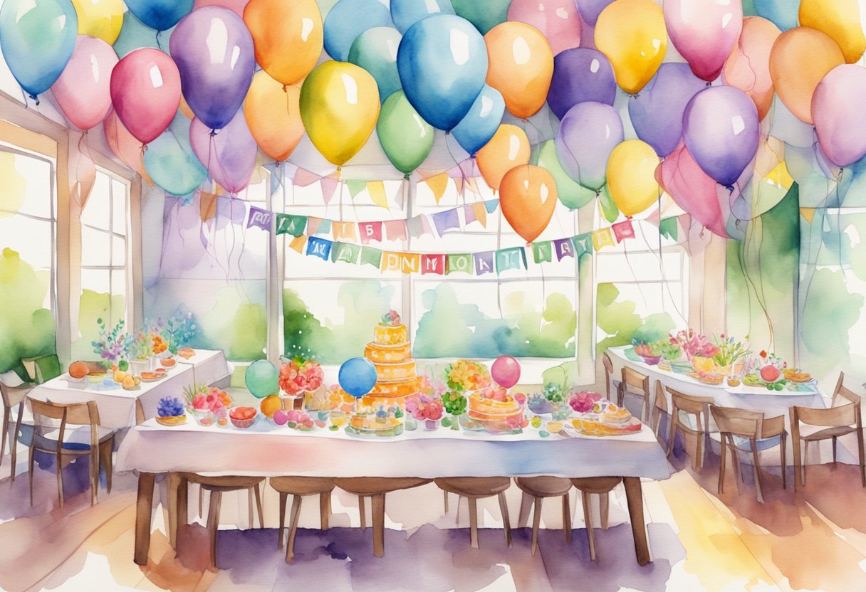 A festive table with colorful party planning business names displayed on banners and signs. Balloons and confetti add to the celebratory atmosphere