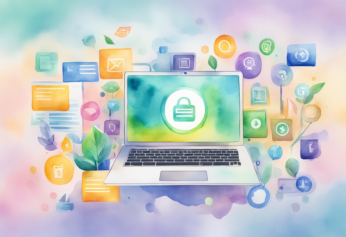 A laptop with a "Benefits of Online Jobs" webpage open, surrounded by icons representing various online job opportunities