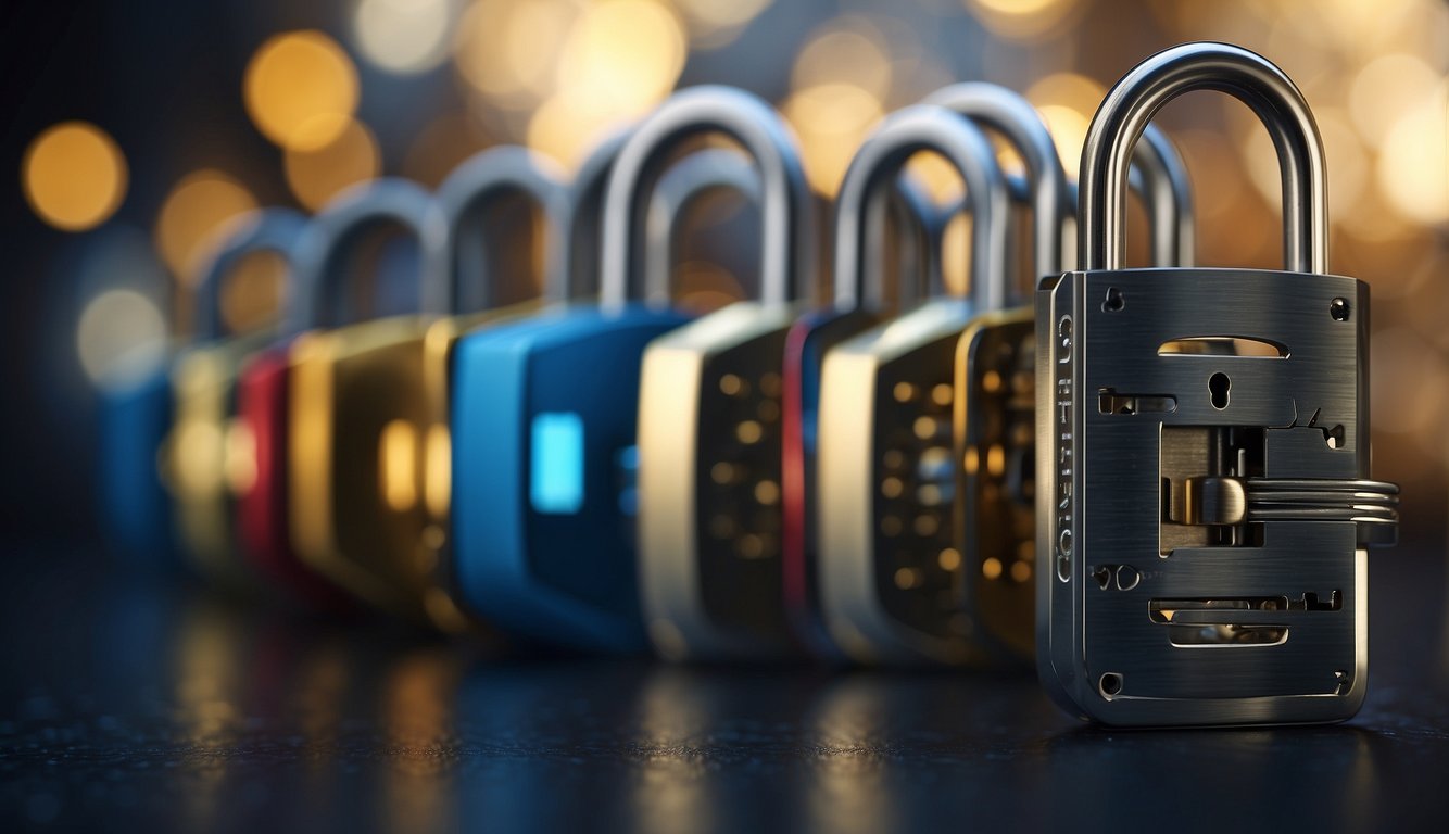 A locked padlock symbolizing digital security, surrounded by shields and barriers against cyber threats