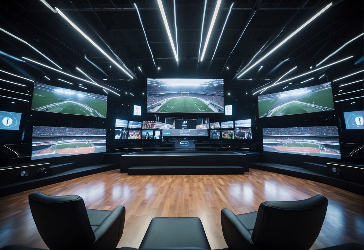 A futuristic stadium filled with digital screens and virtual reality equipment, showcasing the integration of eSports and digital transformation in various sectors