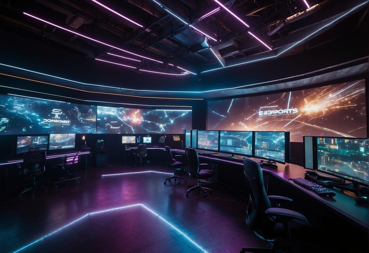 A dynamic eSports arena with futuristic technology and digital integration, showcasing the potential for innovation and growth in the eSports industry