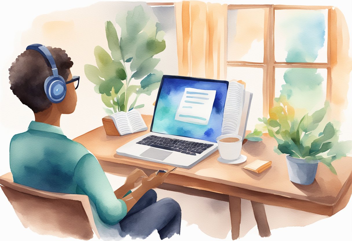 A person using Speechify app, with a book open, listening to text being read aloud. Computer or smartphone with Speechify logo visible