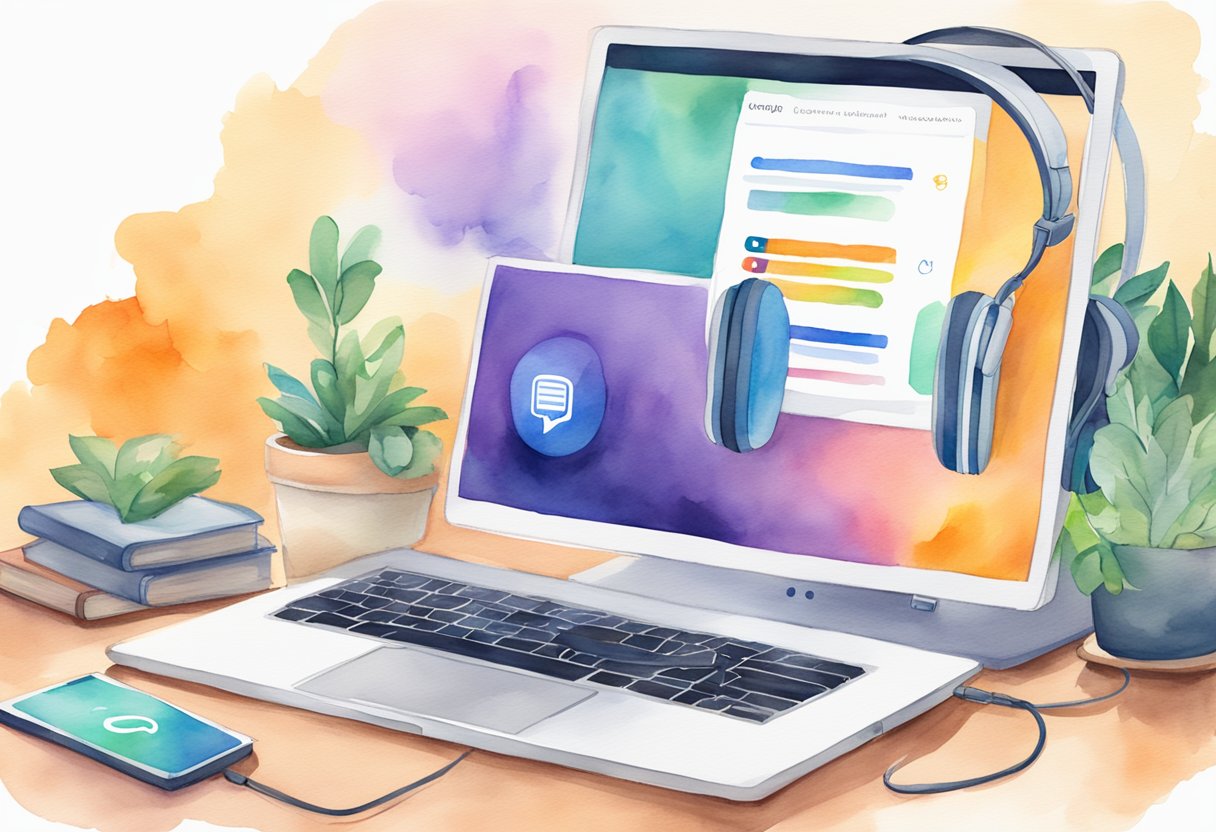 A computer screen displaying the Speechify app with various features and options. A pair of headphones plugged into the device, with a book open in the background