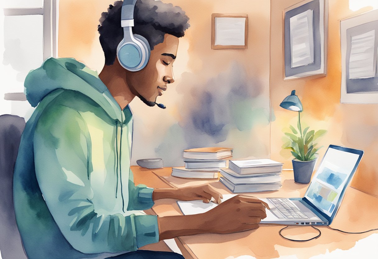 A person sits at a desk with a computer, headphones on, using Speechify app. A book is open in front of them as the app reads the text aloud