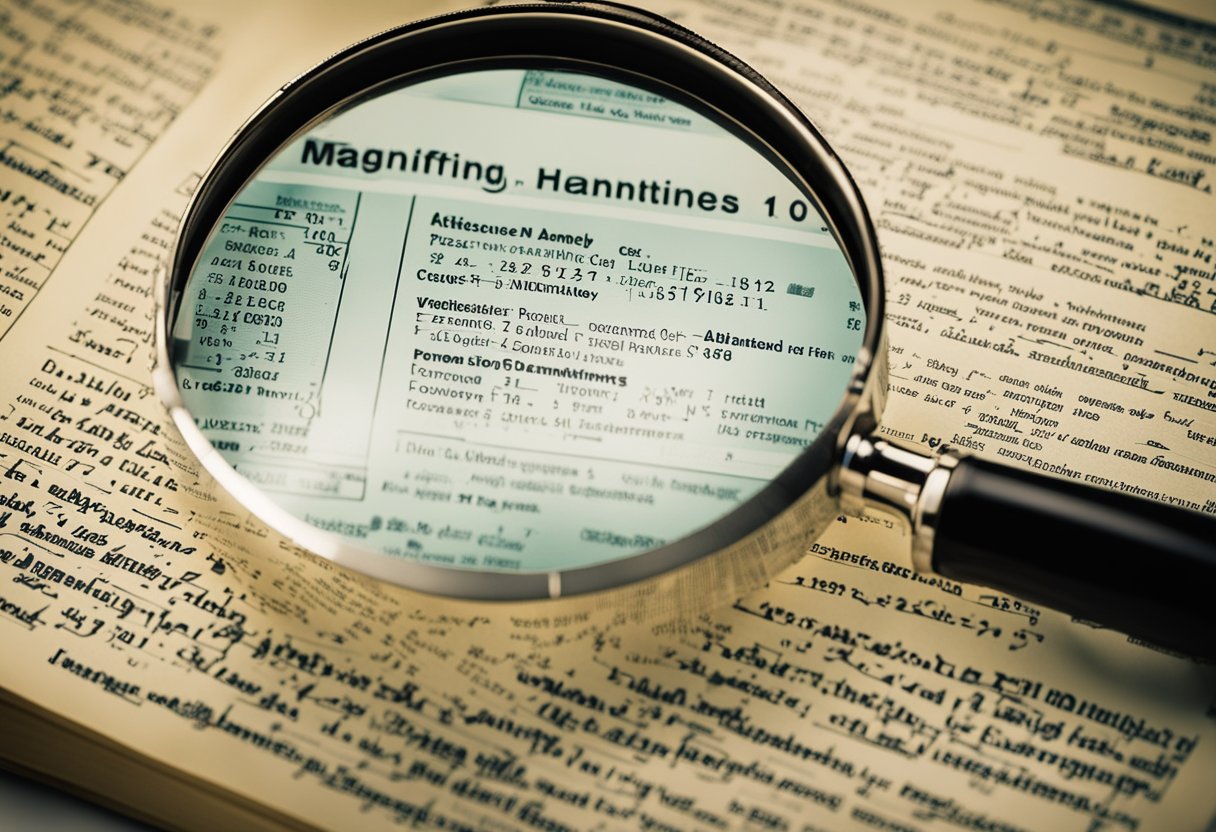 A magnifying glass examines handwriting samples, while a computer displays job listings for forensic document examiners