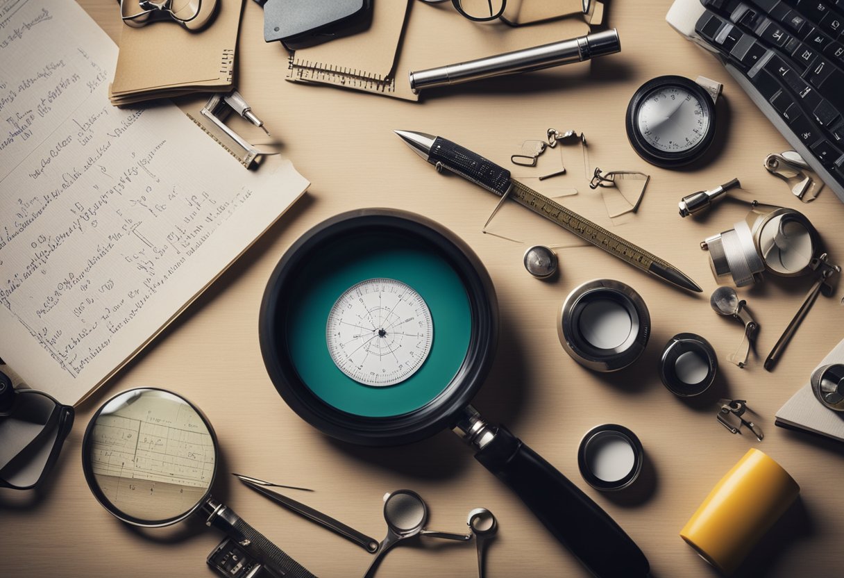 A desk with handwriting samples, magnifying glass, and measuring tools