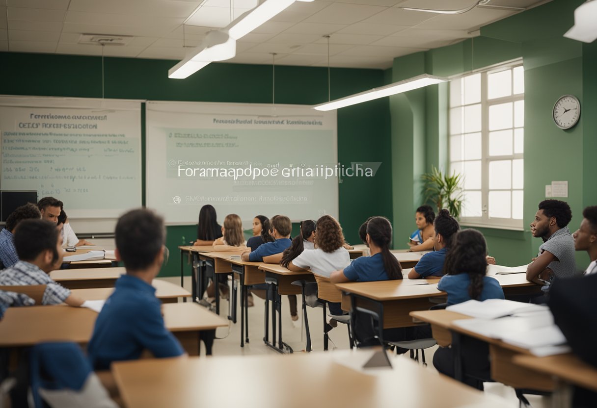 A classroom setting with a lecturer teaching about graphology and students taking notes, with a prominent sign that reads "Formação e Capacitação em Perícia Grafotécnica" (Training and Certification in Graphological Expertise)