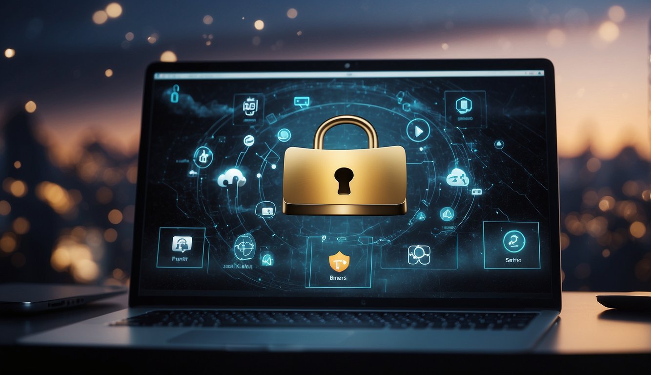 A computer screen displaying a secure file sharing interface with encryption symbols and a lock icon. A cloud icon represents secure data storage