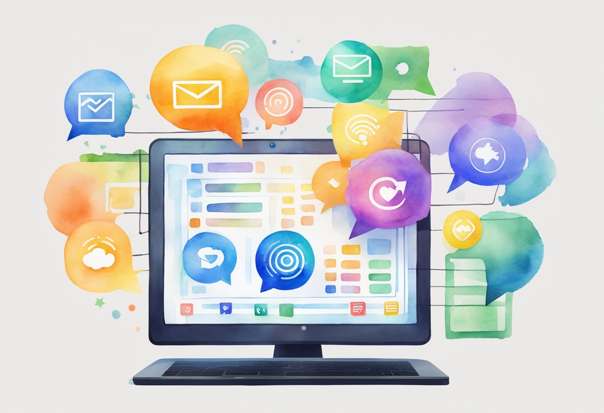 A computer screen displaying various platform logos with connecting lines and arrows. A speech bubble with positive reviews hovers above