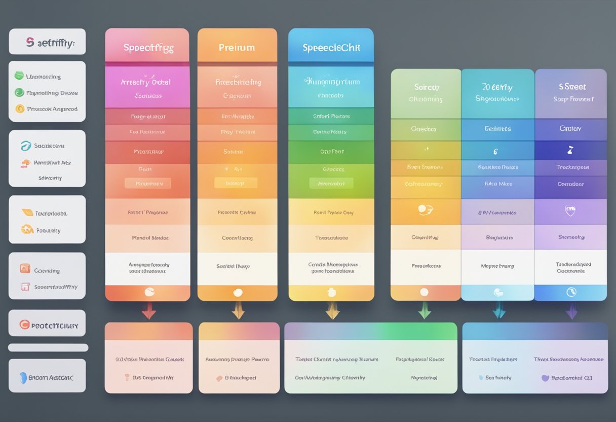 A colorful comparison chart showing features of Speechify Premium and Free versions, with clear labels and icons
