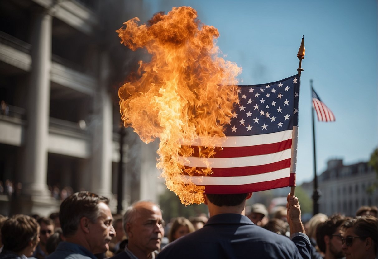 A flag burning in a public square, surrounded by onlookers with varied expressions