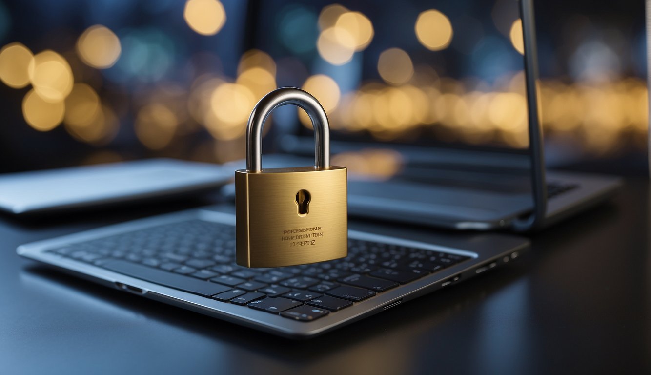 A locked padlock icon hovers over a computer screen, with a file being securely transferred to another device. Encryption codes surround the file, ensuring secure data control