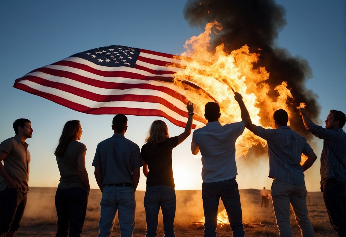 A group of people gather around a burning American flag, some in support and some in protest, as the flames flicker against the backdrop of a clear blue sky