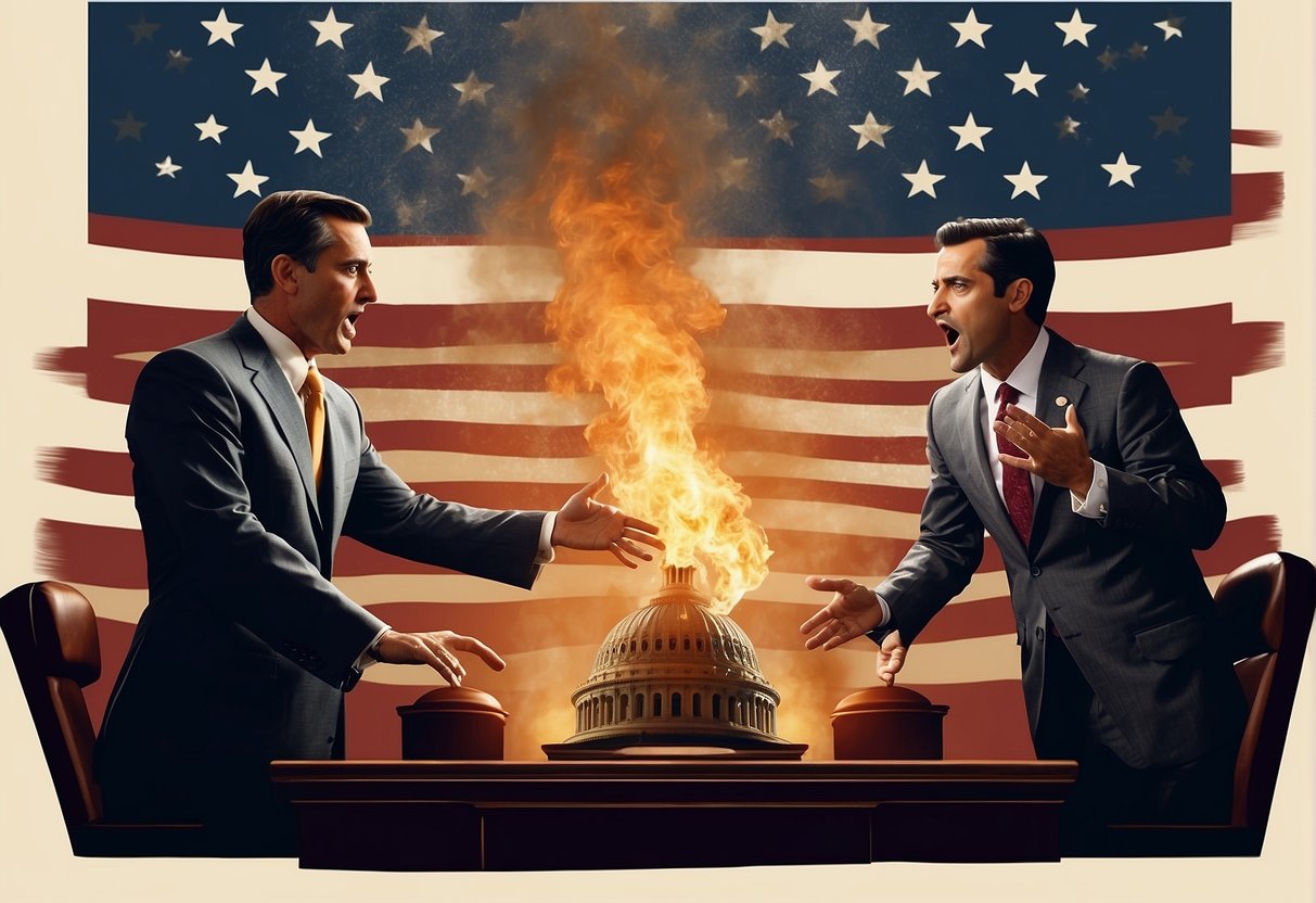 Congress members debating fiercely over a burning flag, with passionate arguments and intense emotions on both sides