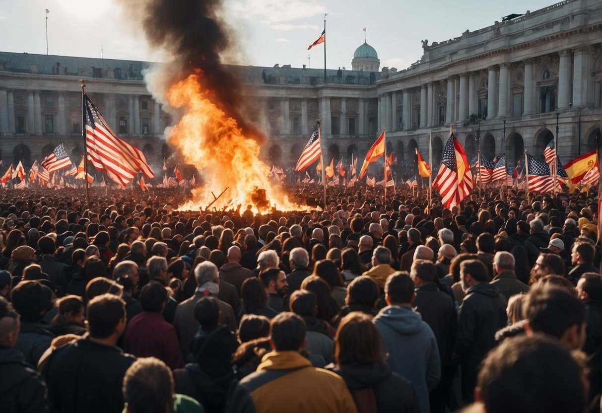 A crowded public square with a large, burning national flag, surrounded by a mix of protesters and onlookers