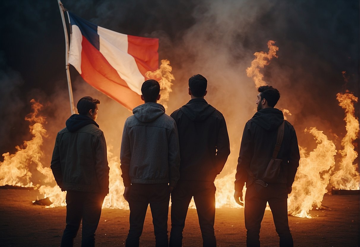 A group of people gather around a burning national flag, with flags from various countries in the background. The flames and smoke create a dramatic and controversial scene