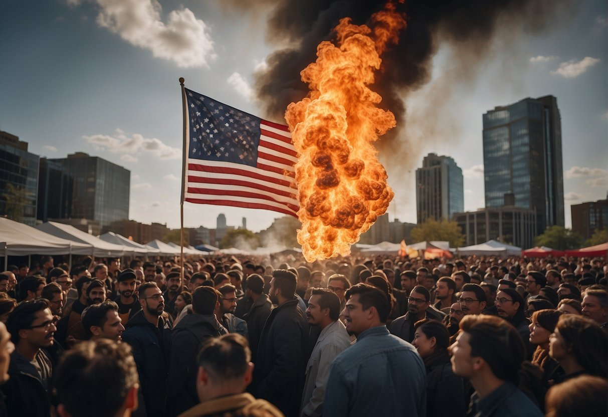 A flag engulfed in flames, surrounded by a crowd of onlookers with conflicting expressions. The scene is set against a backdrop of modern buildings and a cloudy sky