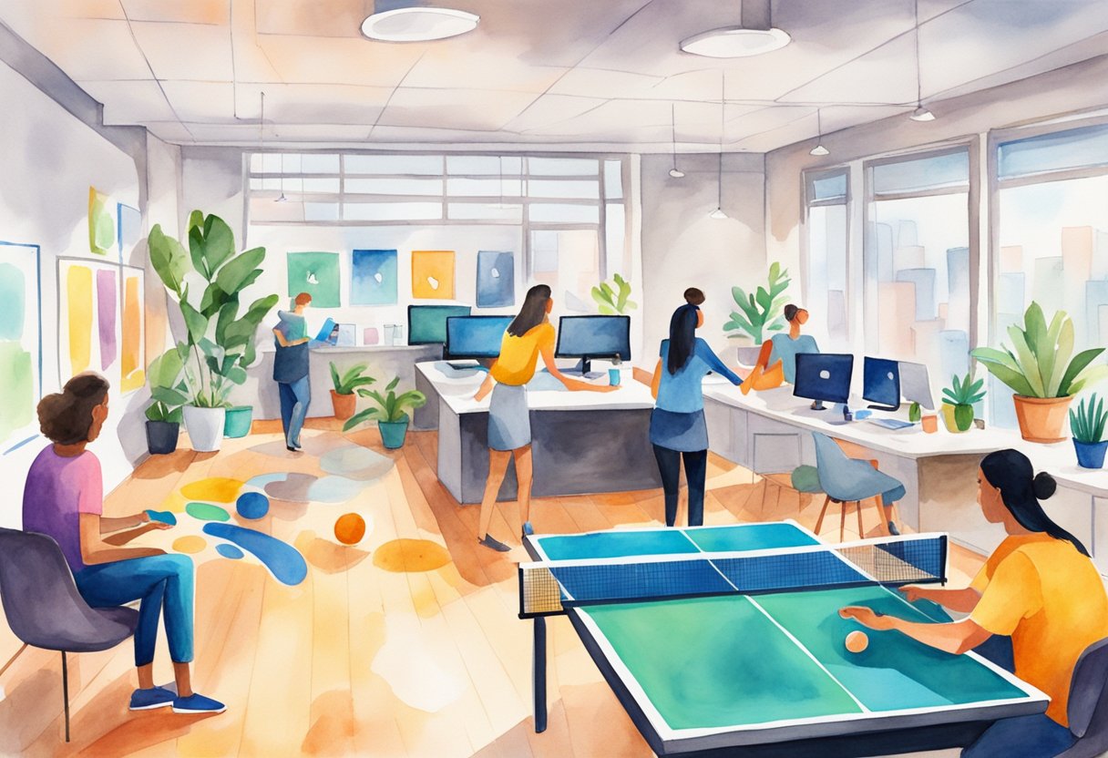 Colorful office with open floor plan, ping pong table, and bean bag chairs. Employees laughing and collaborating. Money signs and happy faces on computer screens