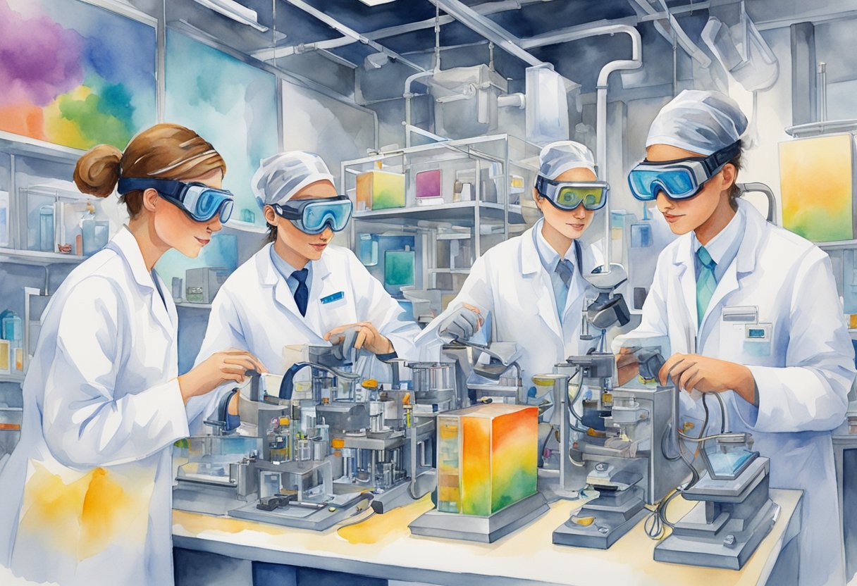A group of professionals in lab coats and goggles work on high-tech equipment with colorful, whimsical designs. The atmosphere is lively and dynamic, with a sense of excitement and creativity in the air