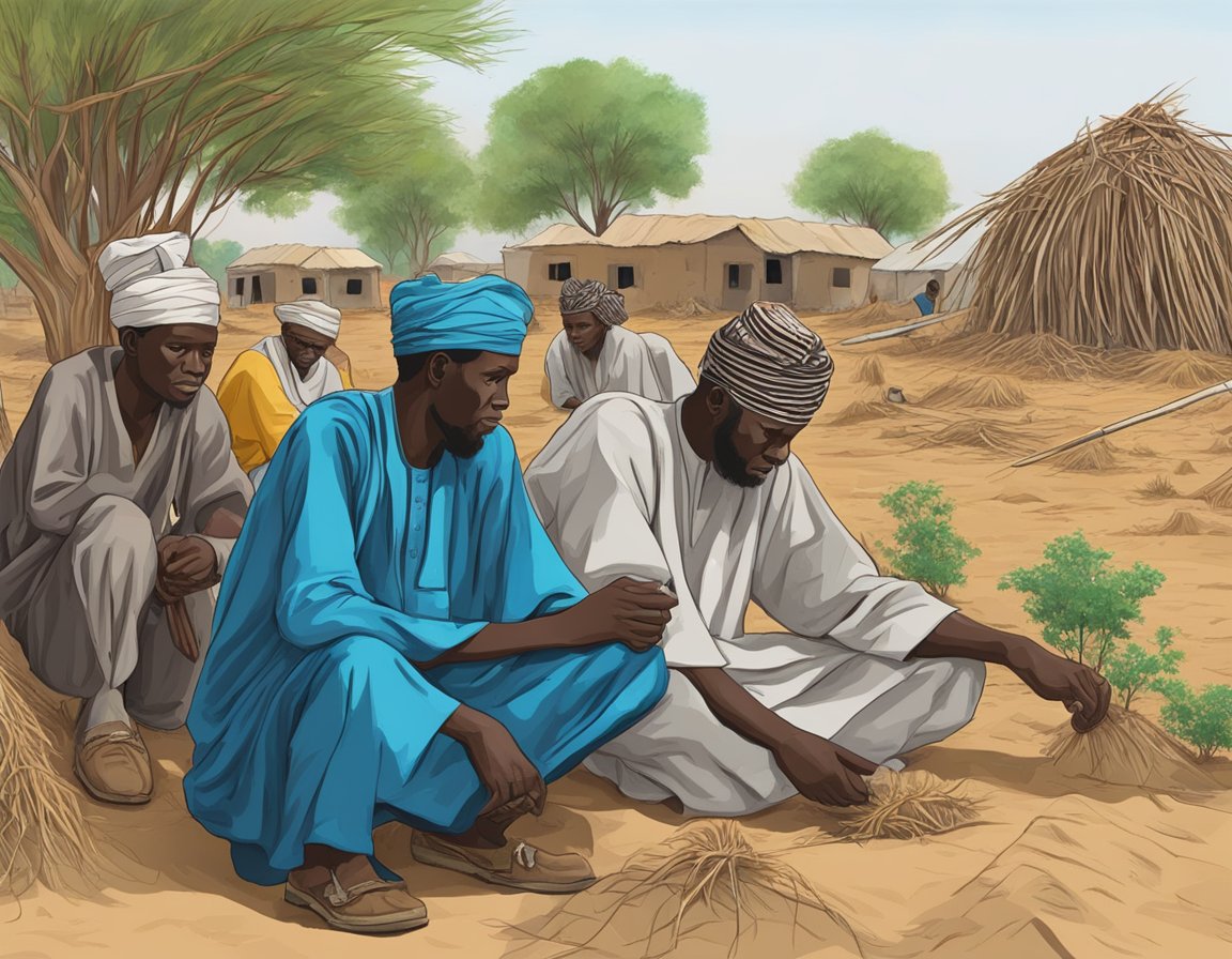 Farmers in Adamawa North devastated by Boko Haram. Fields lay barren, homes destroyed. Despair and loss evident in their eyes