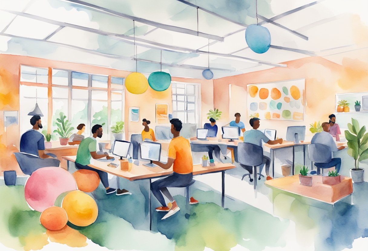A colorful office with diverse workers enjoying ping pong, free snacks, and comfortable workspaces. Laughter and collaboration fill the air